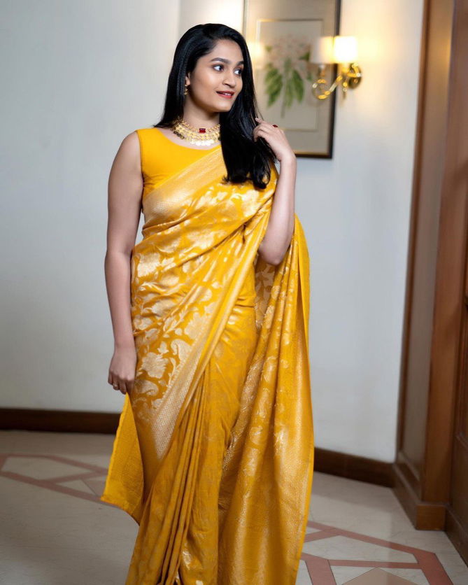 Ddf Yellow Flower Lichi Silk Banarasi Saree Catalogue